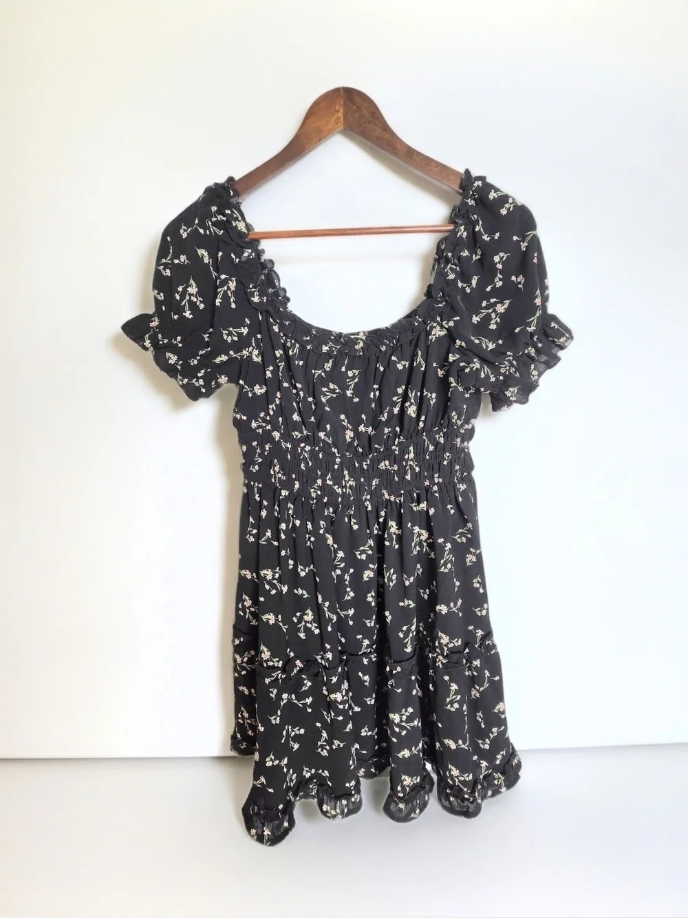 Black Floral Smocked Mini Dress Cottagecore Ruffle Puff Sleeve Boho Summer -L